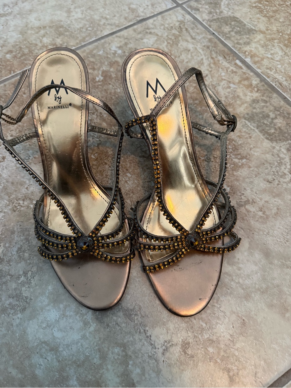 Marinelli Bronze Jeweled Strappy Heels